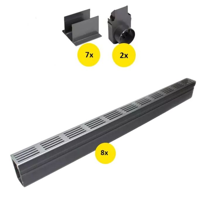 ACO Slimline Startpakket Aluminium 8 Meter met Zijuitloop