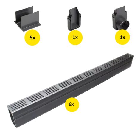 ACO Slimline Startpakket Aluminium 6 Meter met Zijuitloop